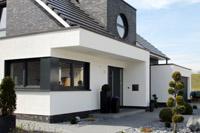 Haus bauen, Massivhaus NRW - Designhaus, Architektenhaus, 4-Giebel-Haus, Garage, Terrassenberdachung massiv, Erdwrme, Raffstoren